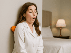 Femme en pyjama utilisant une balle de tennis pour soulager son dos contre un mur dans une chambre cosy